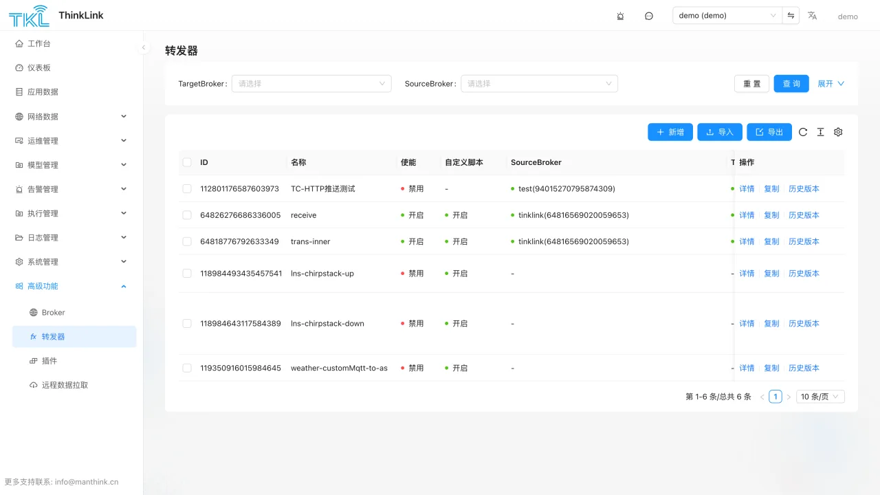 ThinkLink MQTT 转发脚本管理界面，显示 JavaScript 转换规则与版本信息
